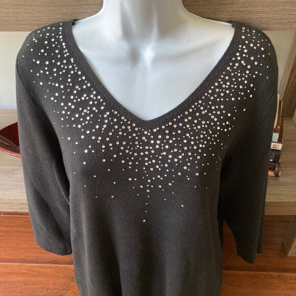Quacker Factory Black Rhinestone Embellished  3/4 Sleeve Pullover Sweater Large - Picture 2 of 7